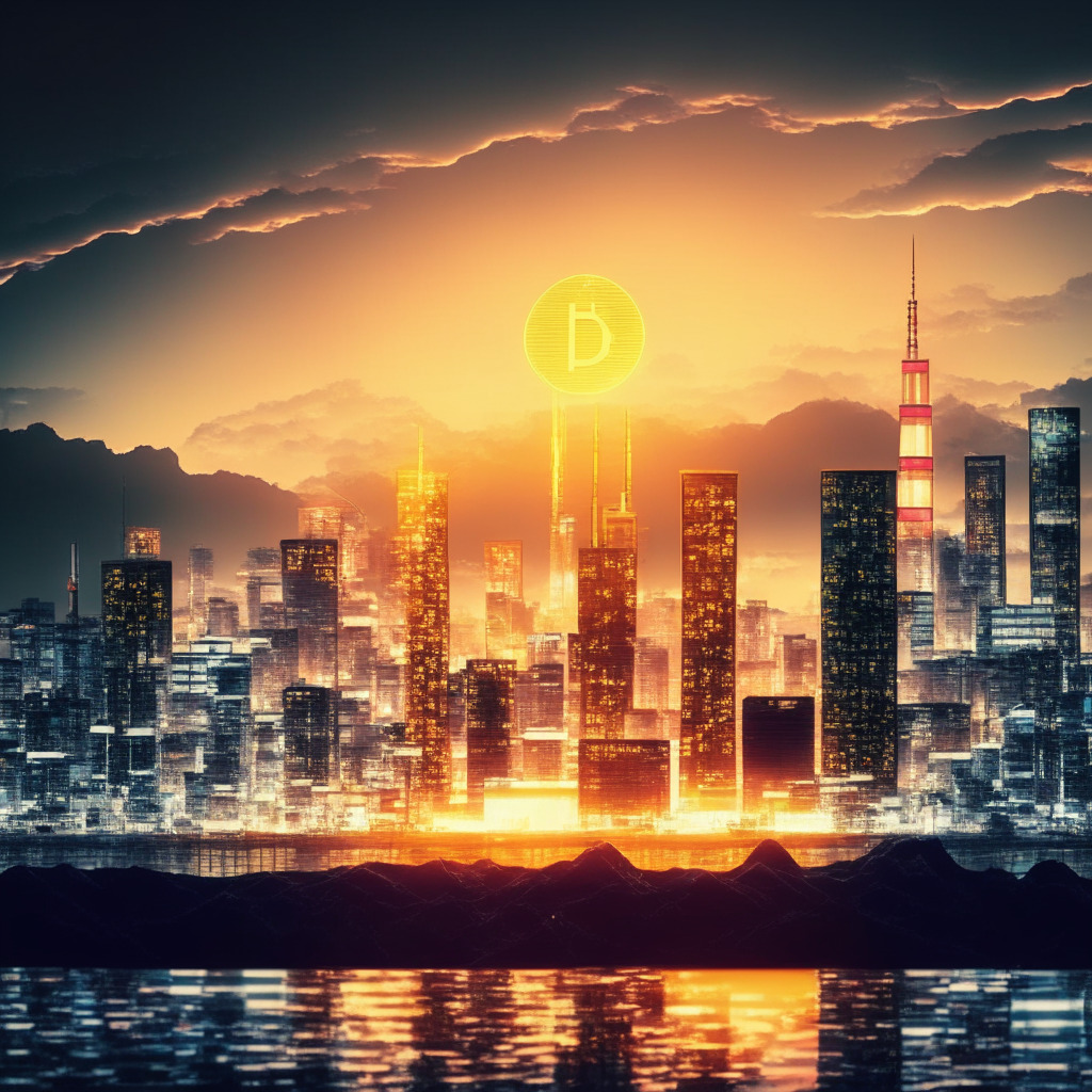 Cryptocurrency exchange scene: Japanese skyline at dusk, Binance symbol leaving, compliance and innovation scales in equilibrium, aura of transparency, secure digital environment, users becoming verified, Binance Japan platform emerging, yen currency flowing, global regulatory challenge, hope for a vibrant crypto future.