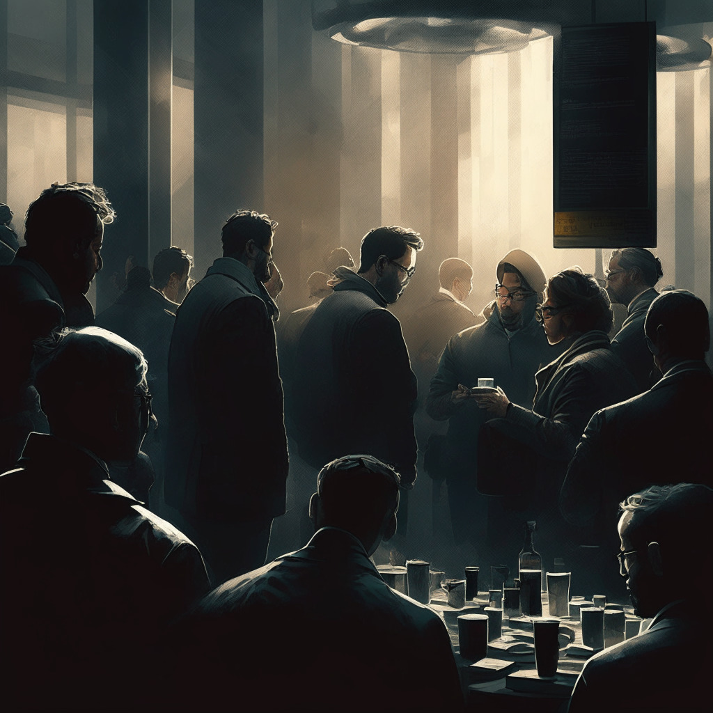 Intricate crypto exchange scene, diverse workforce, CEO dismissing layoff rumors, a blend of anxiety and optimism, warm light casting doubt and certainty, chiaroscuro-style contrast, bustling exchange atmosphere, hint of unpredictability, mood of cautious curiosity.