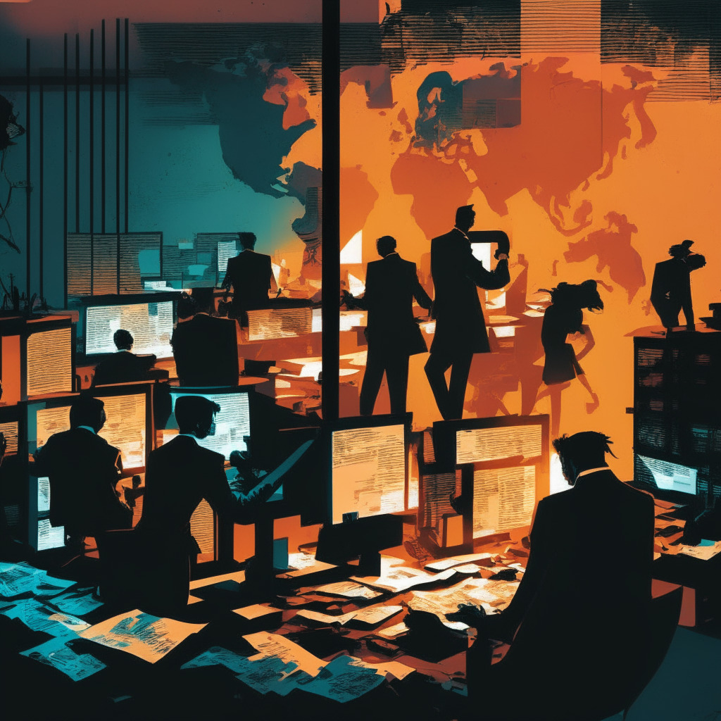 Crypto exchange turmoil, dusk-lit office, tense atmosphere, employees clearing desks, silhouettes in discussion, abstract cubist style, uneasy mood, global map with highlighted regulatory challenges, contrasting light and shadow, intermingled hues of hope and uncertainty, implication of restructuring, chain unraveling, 350 characters limit.