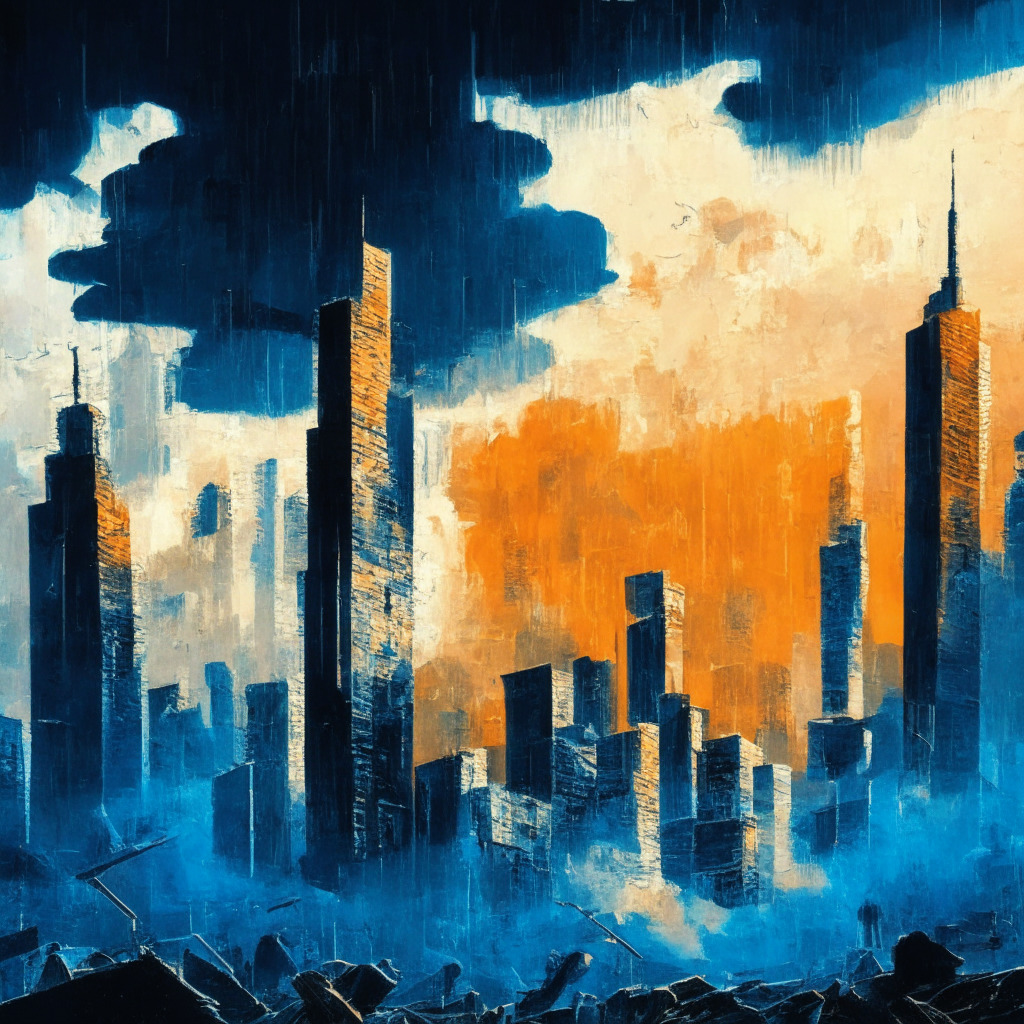Intricate cityscape with Bitcoin symbol dominating skyline, turbulent storm clouds above, abstract banking buildings crumbling, silhouettes of alarmed traders in foreground, chiaroscuro lighting, tense atmosphere, dynamic brushstrokes, hues of orange and blue denoting uncertainty and discord.