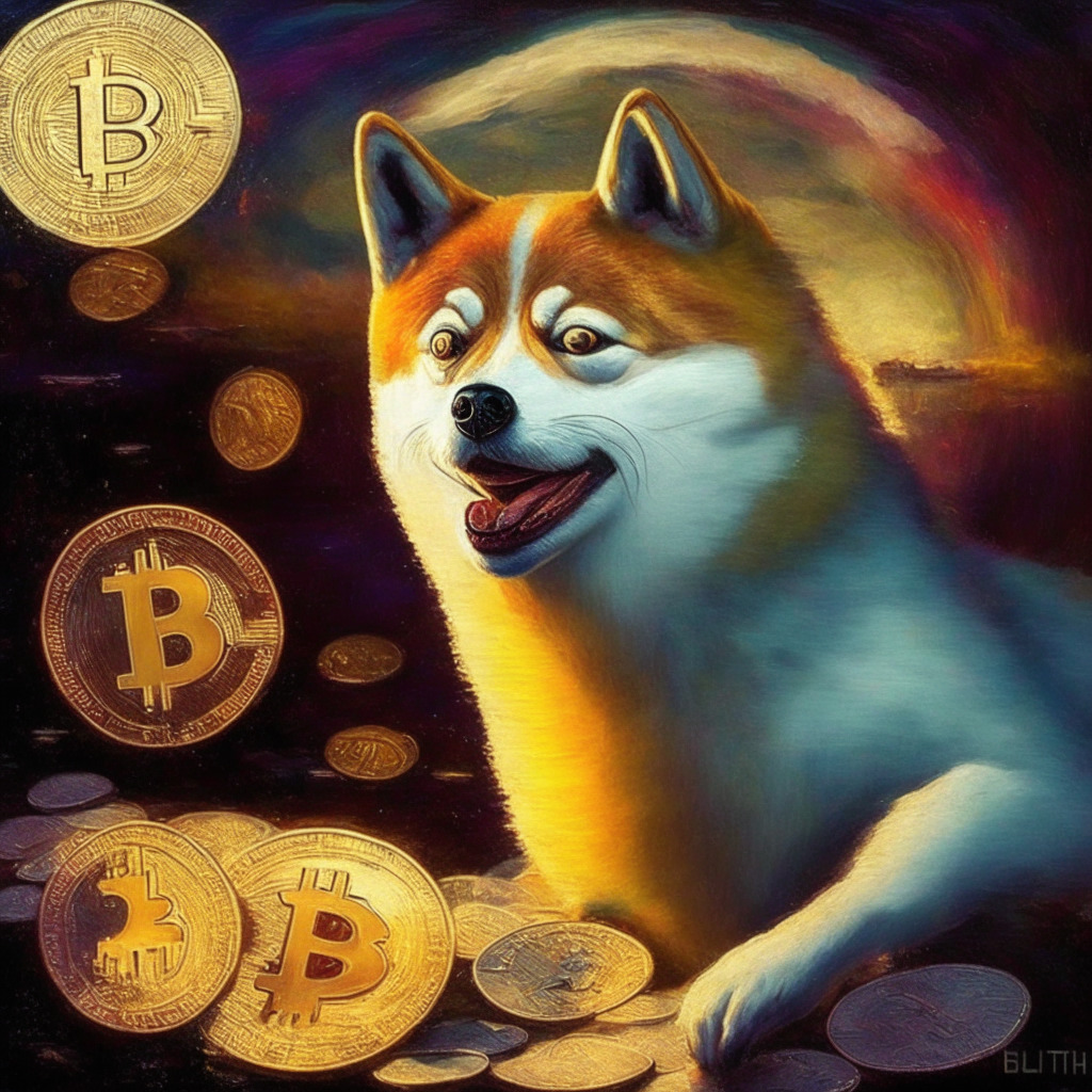 Cryptocurrency exchange impact, meme coin debate, artistic blend of Floki Inu and PEPE Coin, whimsical mood, contrasting credibility and popularity, evening glow, expressive brushstrokes, subtle reference to Elon Musk's influence, cautious reminder for investors, ephemeral momentum.