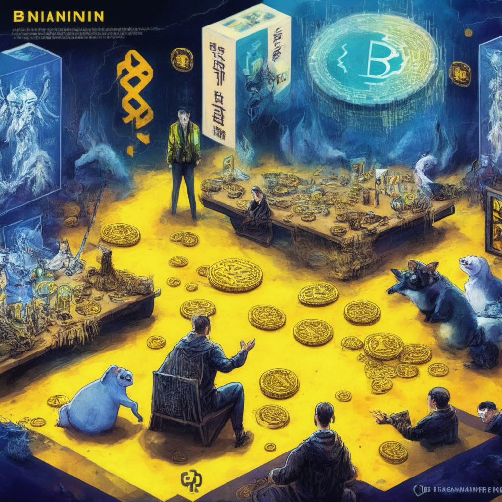Cryptocurrency exchange scene, Binance Innovation Zone, artistic interpretation of volatility, juxtaposition of meme coins PEPE & FLOKI, token-bridge visuals representing 18 tokens on the brink of delisting, Changpeng Zhao's strategic vision, aura of opportunity for struggling tokens, blend of market risk and stability, intricate framework of digital asset exchange, mood of cautious optimism.