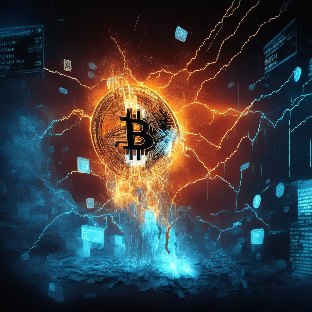 Cryptocurrency exchange moving $4.4B in Bitcoin, cold and hot wallets, network congestion, temporary withdrawal halt, BTC Lightning Network, increasing NFT adoption, new all-time daily transaction high, artistic blockchain visualization, chiaroscuro lighting, tense yet exhilarating atmosphere.
