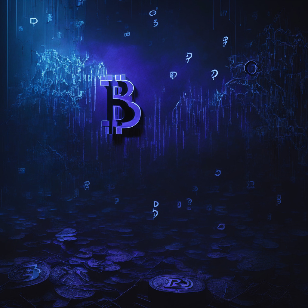 Cryptocurrency exchange pausing Bitcoin withdrawals, congested network, worried users, fluctuating Bitcoin prices, dark trading screen, light rays forming question marks, moody atmosphere, artistic chiaroscuro shading, uncertainty of blockchain future, blend of dark blues, purples, and grays.