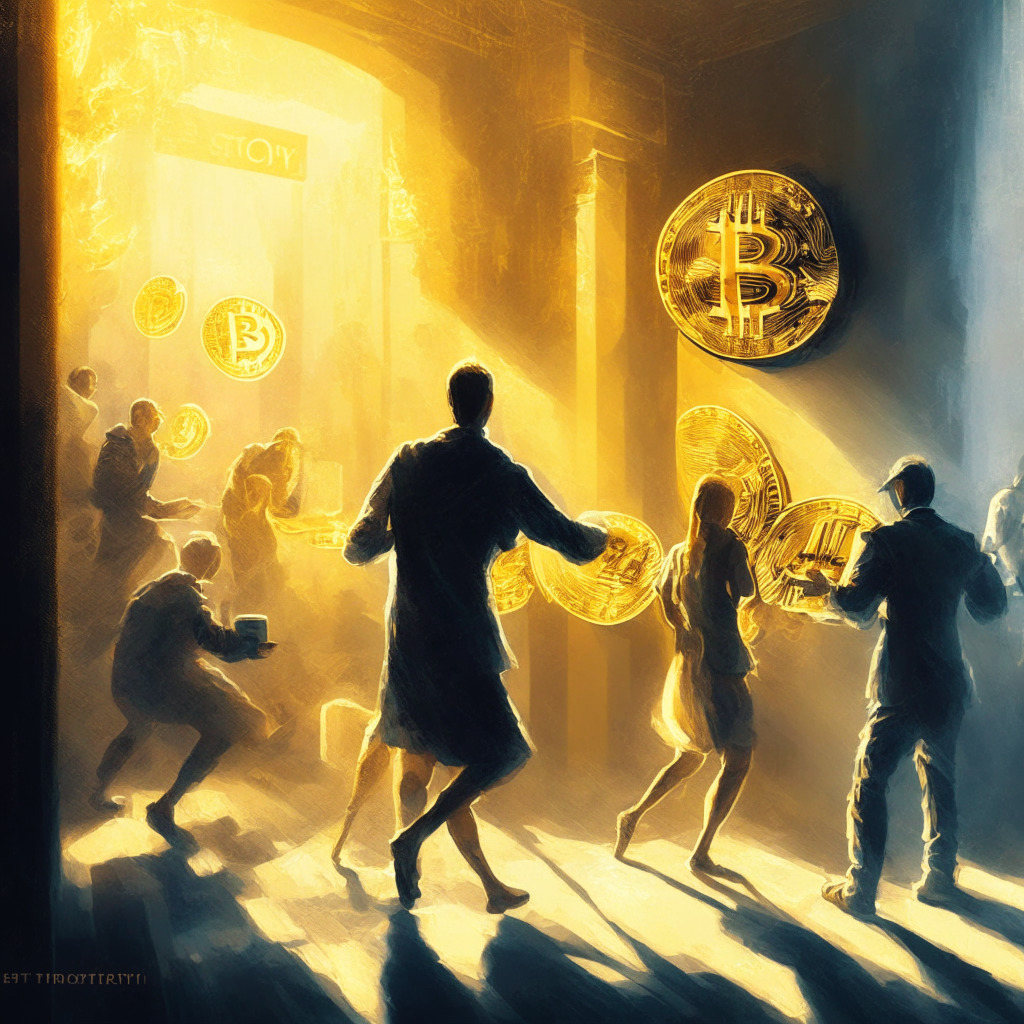 Crypto exchange in action, golden Bitcoin transactions, contrasting light and shadows, swift and efficient movement, secure digital vault, potential risks lurking, soothing relief, balancing act of trust and caution, impressionist style, cautiously optimistic atmosphere.