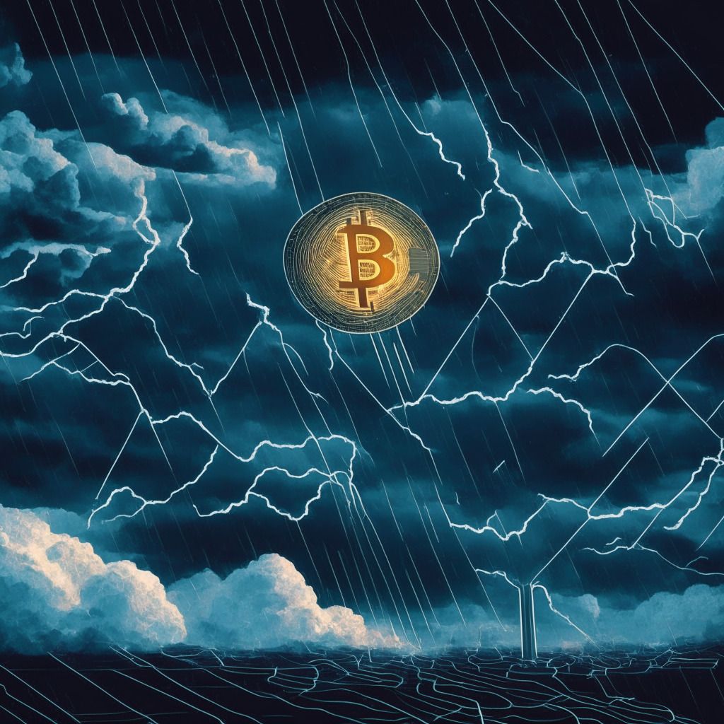 Crypto exchange resumes Bitcoin withdrawals, network congestion issues, exploring Lightning Network as a solution, significant increase in unconfirmed transactions, surging Bitcoin transaction fees, NFT-like assets boom, market volatility, atmospheric dusk sky, mood of uncertainty and anticipation, geometric lines symbolizing networking, chiaroscuro contrasts.
