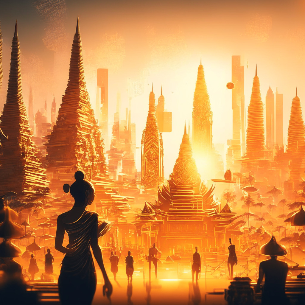Intricate digital trading scene, Thai cultural elements, celebratory atmosphere, golden light illuminating a futuristic cityscape, prominent blockchain imagery, warm tones, high contrast, sense of optimism and growth, secure and compliant environment.