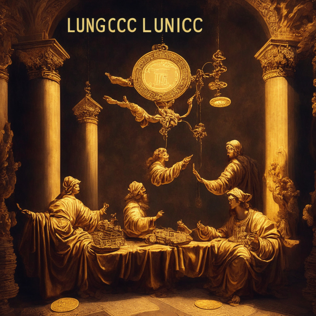 Intricate crypto exchange scene, baroque art style, warm light setting, secure ambiance: Two prominent digital coins, LUNC & USTC, suspended mid-air, receiving upgrades from skilled artisans. A stock ticker displays LUNC's price rising, KAVA experiencing a dip, symbolizing market fluctuations. Text conveys cautionary advice on investments, heightened security, and trading continuity.