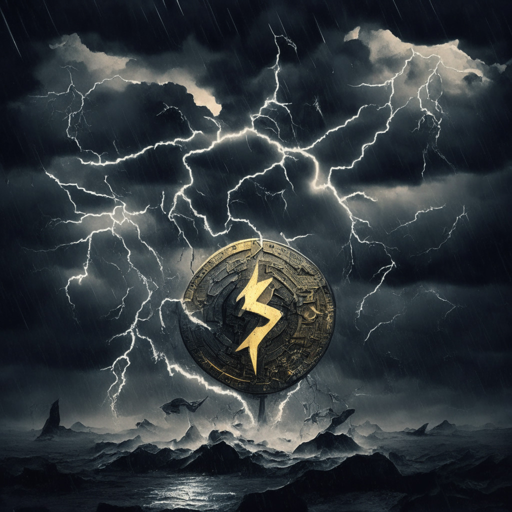 Cryptocurrency storm scene: dark, turbulent sky, intense lightning illuminating coins (SHIB, FLOKI, PEPE) swirling in chaos, Binance logo protecting users beneath a transparent shield, balance scale tipped in favor of user security, dramatic contrasts, moody atmosphere, cautionary undertone.