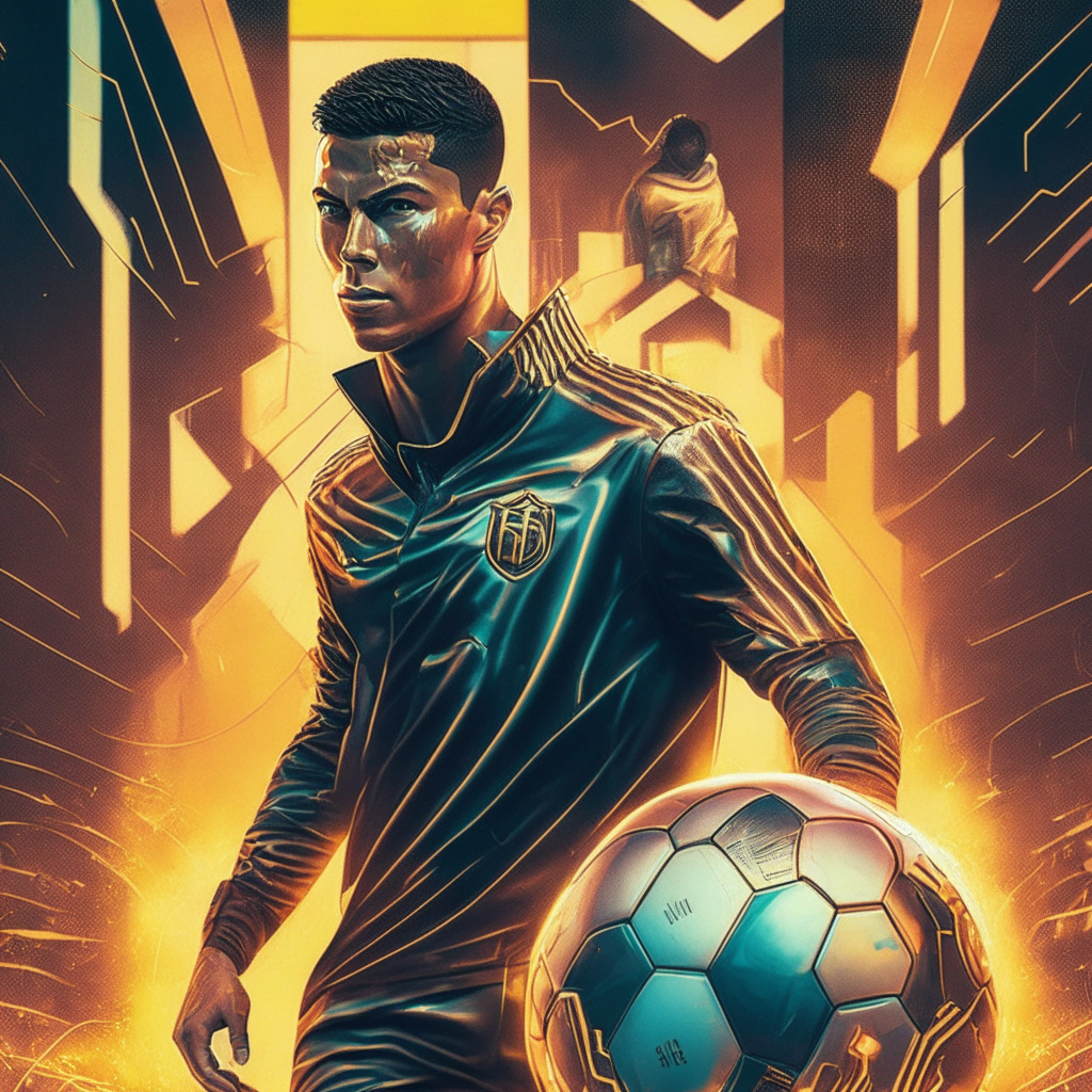 Cristiano Ronaldo in futuristic football attire, poised to strike a crypto-themed ball, warm golden-hour glow, contrasting Coin-inspired graffiti and blockchain elements, dynamic urban setting, mood: anticipation and excitement, style: blending photorealism with digital pop art, focus: balanced awareness of cryptocurrency's promise and challenges.