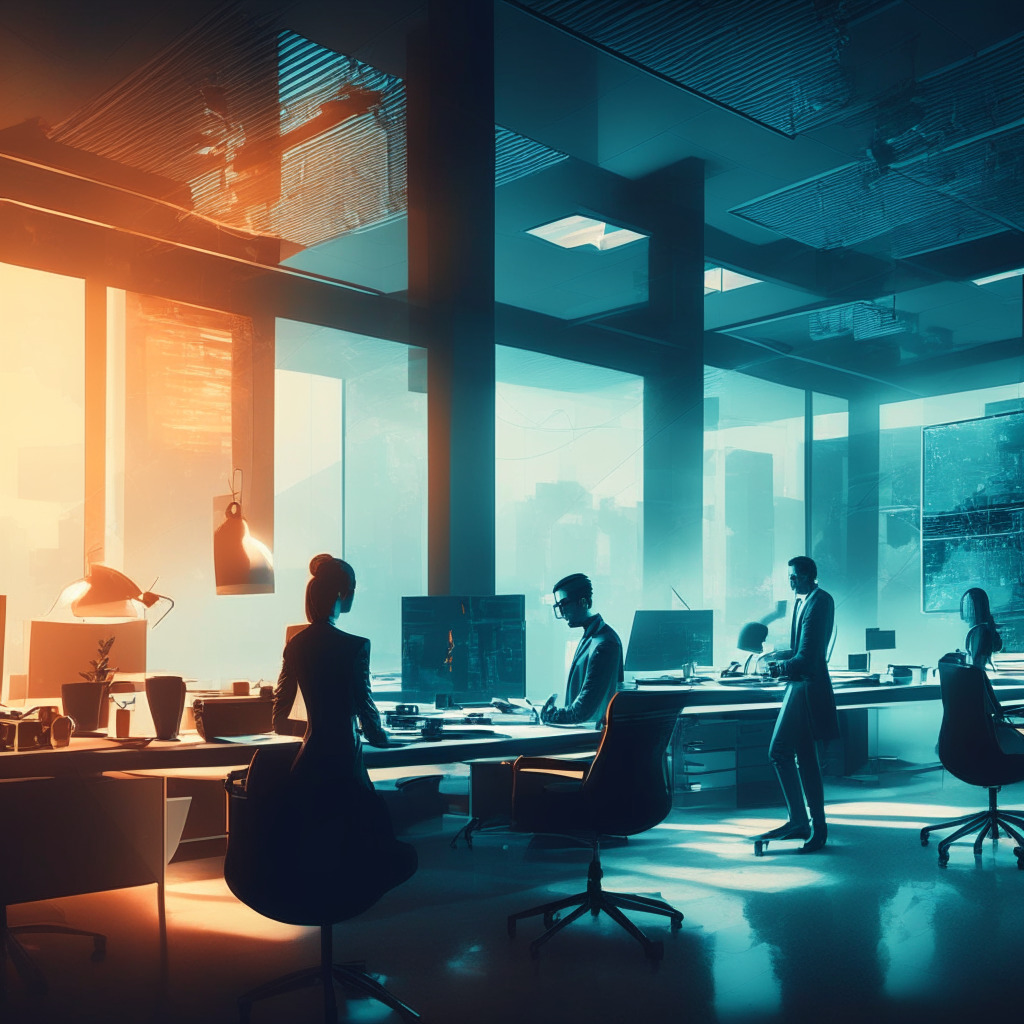 Futuristic office scene, blockchain technology elements, diverse workforce reorganizing, warm and ambient lighting, chiaroscuro effect, decisive and dynamic atmosphere, vibrant color palette, communicating optimization and forward-thinking.