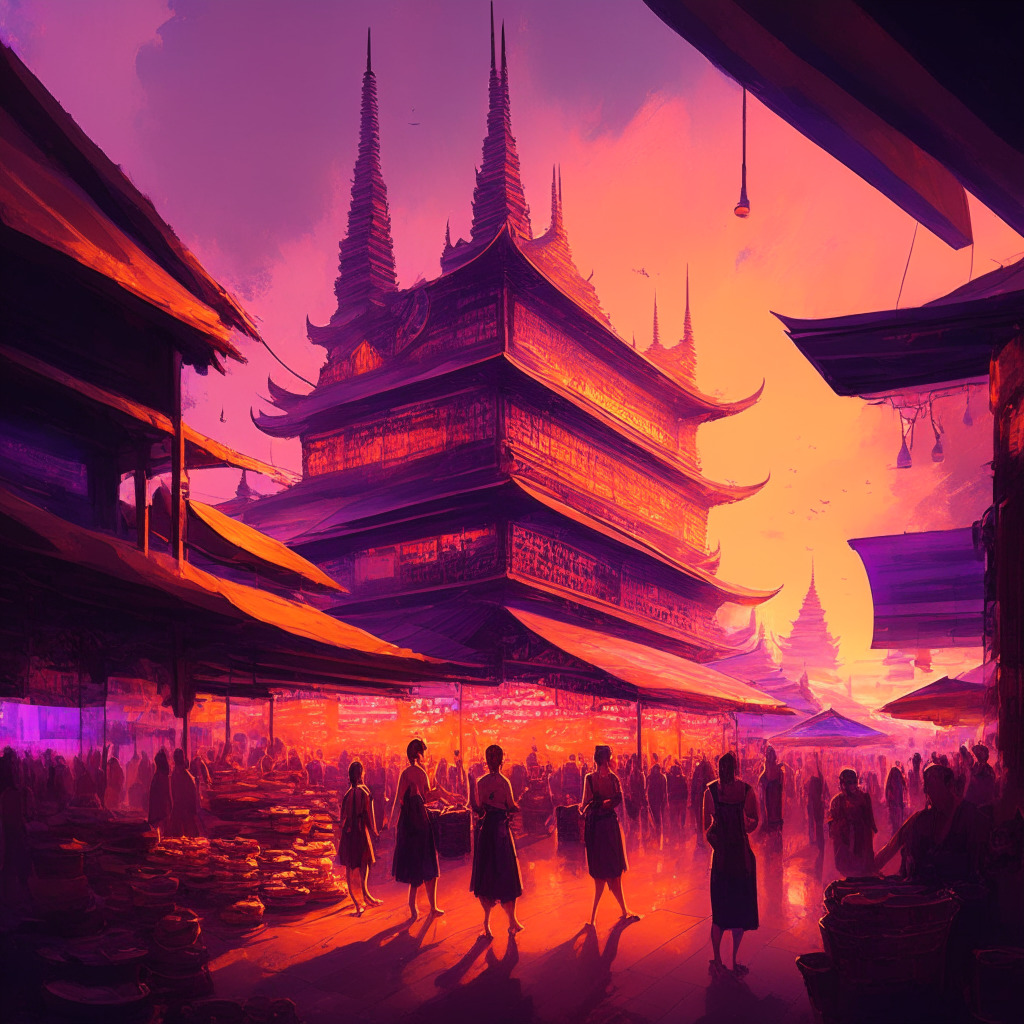 Sunset-lit Thai market scene, rich hues of orange and purple, intricate traditional architecture, futuristic crypto-exchange building, diverse crowd of investors and locals, mood of optimism, artistic blend of cultural heritage and modern technology, sense of secure growth and collaboration.