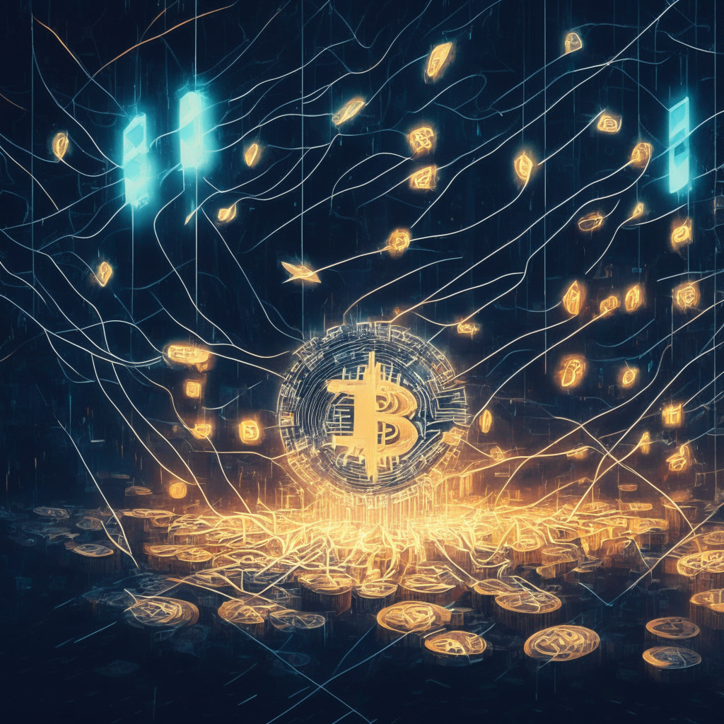 Intricate cryptocurrency exchange scene, warm and cool lighting, dynamic bitcoin transactions, abstract representation of Lightning Network, busy yet organized atmosphere, sense of innovation and progress, digital art style, feeling of urgency and forward movement, interconnected nodes, subtle allusion to rising fees.