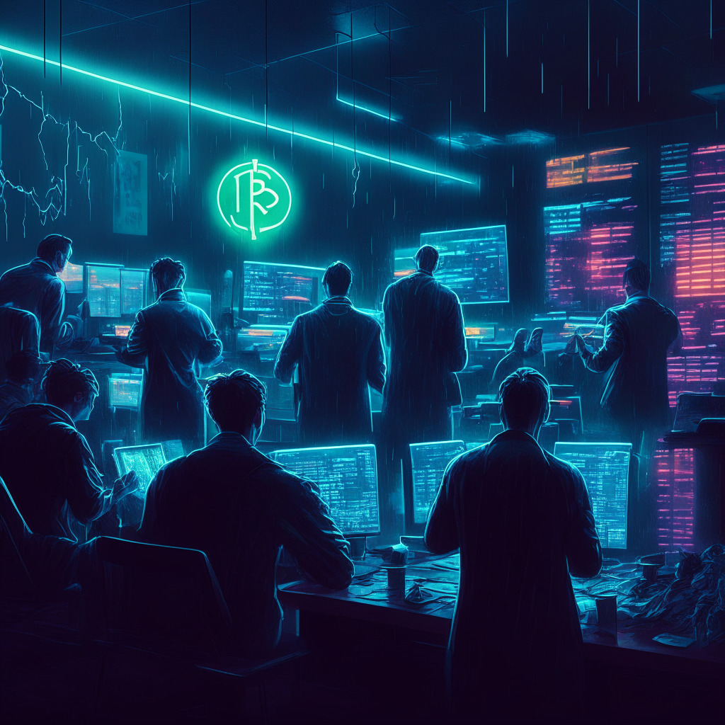 Cryptocurrency exchange scene with diverse platforms, an American trading desk selling Bitcoin at a premium, traders analyzing price discrepancies, moody atmosphere emphasizing vigilance and caution, neon-lit tableau displaying market fluctuations, blurry reflections of Lightning Network's potential impact, subtle undertones of tension and uncertainty.