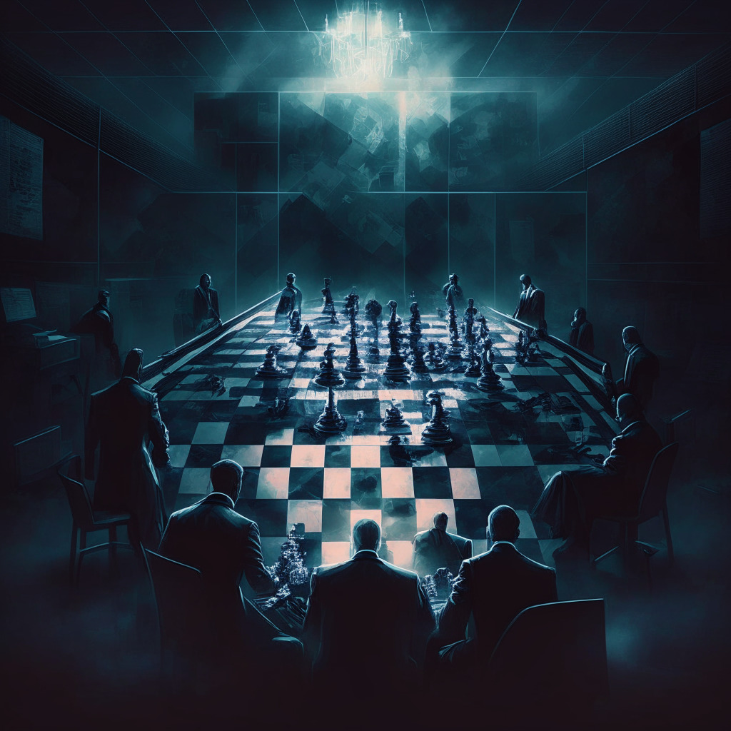Crypto exchange platform, VIP investors and fund managers unite, cautiously connecting, moody lighting, trusts and bonds concept, global chessboard, financial landscape, reflections, anonymous figures, high-stakes game, enigmatic atmosphere, digital art style.