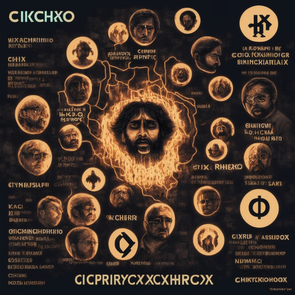 Mysterious global exchange and Indian crypto platform scene, chiaroscuro lighting, tension-filled atmosphere, dominated by large looming WRX tokens, a small puzzled investor, complex web-like connections between exchanges, flaming WRX token to depict missed quarterly burn, concerned expressions on crypto enthusiasts' faces, dynamic composition reflecting rapidly evolving industry.