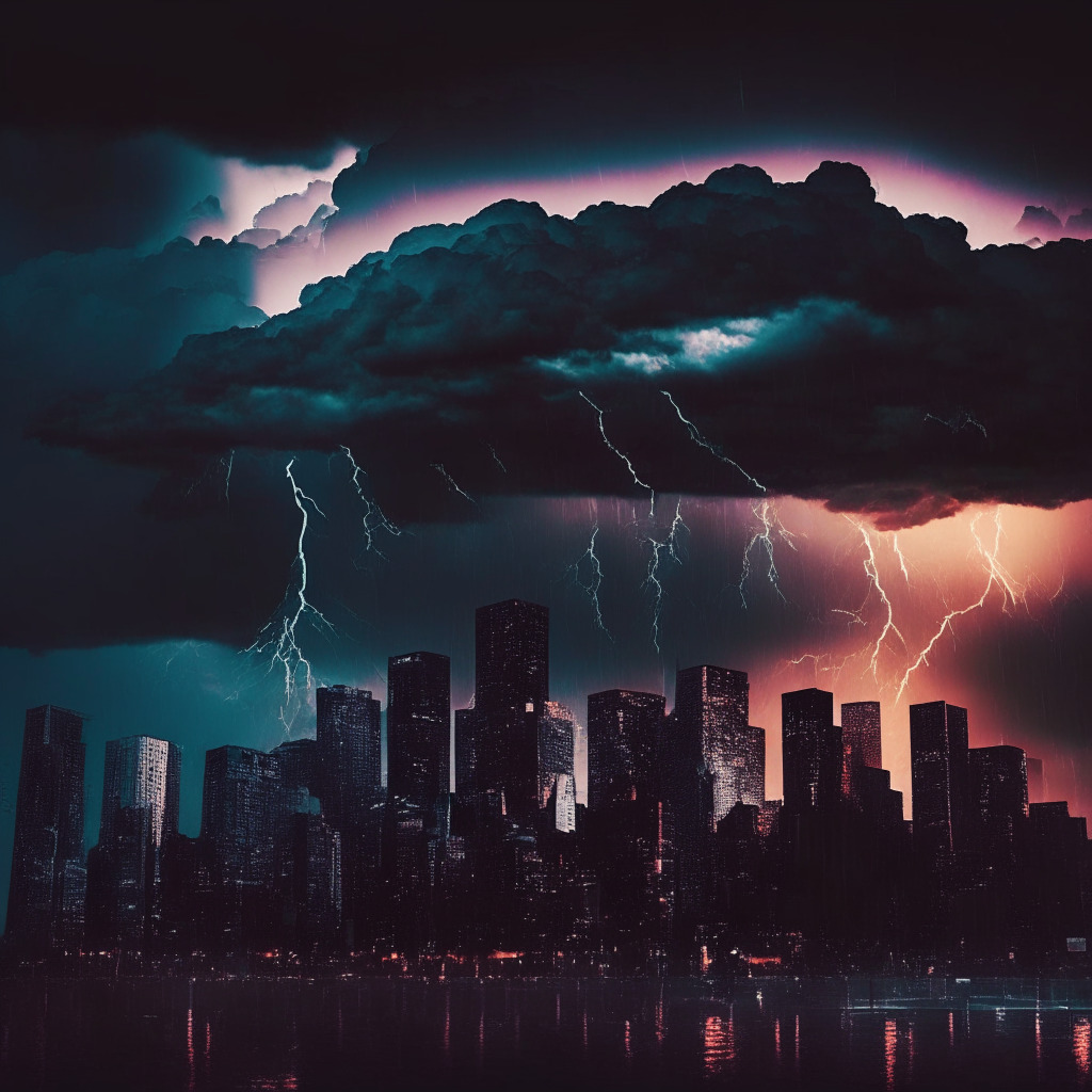 Dark financial storm brewing over city skyline, ominous clouds, rival exchanges' bright neon signs emerging, tense atmosphere, US regulatory figures looming, scattering Binance users into diversification, sunset of market dominance, contrasting shadows of growth and decline, hope glimmering through ethical compliance and strategic adaptation.