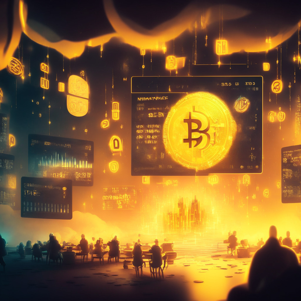 Cryptocurrency exchange scene with Binance NFT marketplace backdrop, integration of Ordinals inscriptions, golden Bitcoin & BRC-20 tokens floating, Ethereum and BNB chain NFTs, warm lighting, whimsical digital art style, atmospheric effects evoking excitement and anticipation, hint of the unknown for the future of crypto trading.