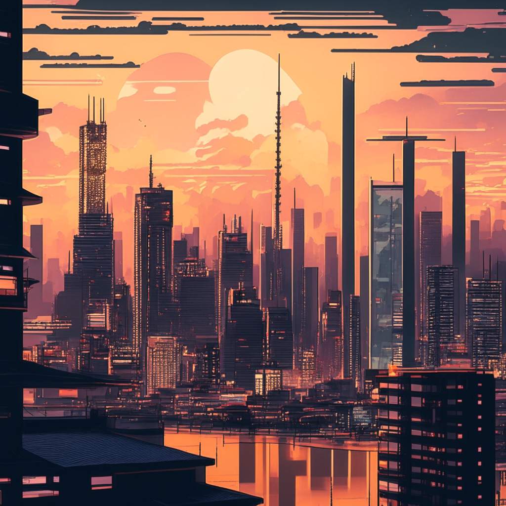 Intricate cityscape with crypto trading graphics, modern Japanese architecture, soft warm colors, Tokyo skyline at dusk, Binance platform elements, serene atmosphere, KYC documents, subtle hints of a transition, representation of local regulations, increased adoption & trust in crypto.