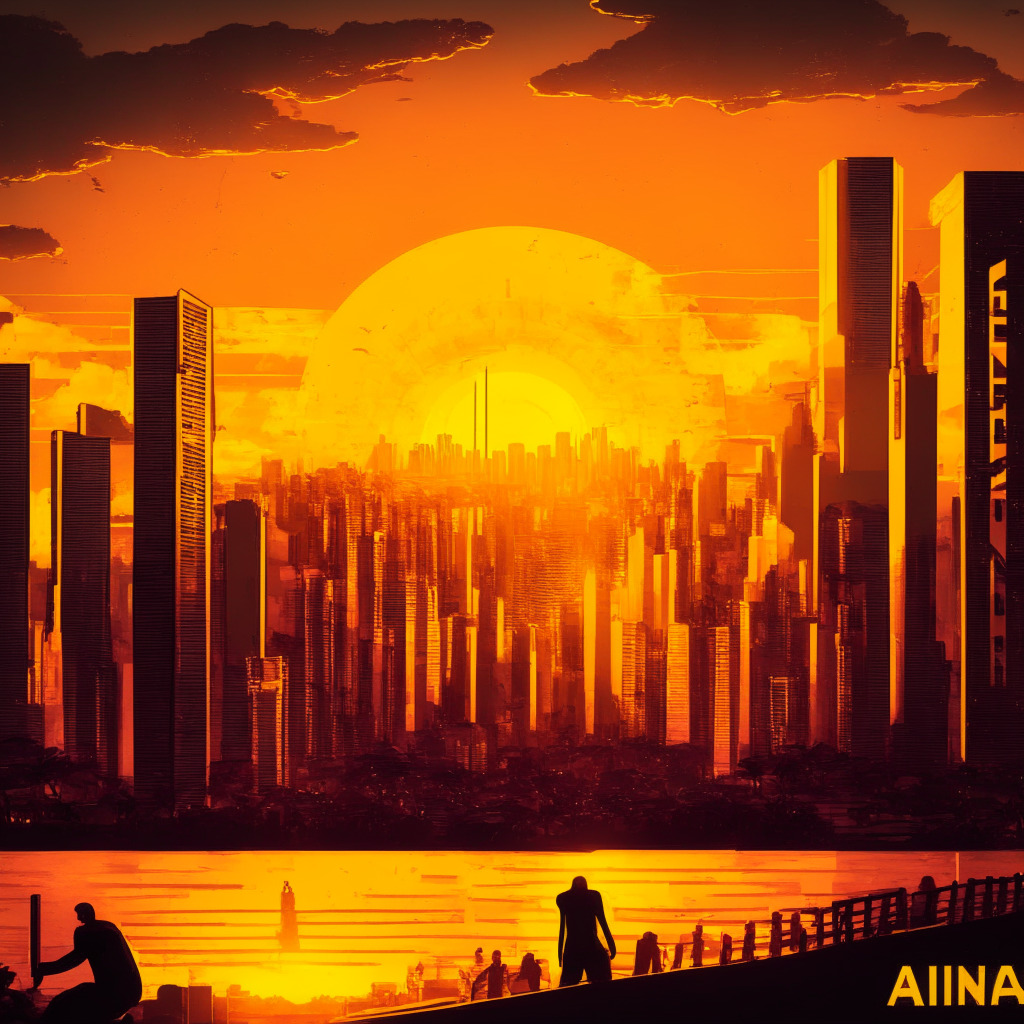Sunset over Brazilian city skyline, central bank building, Binance and Latam Gateway logos as neon signs, people using crypto prepaid cards, warm golden hues, hints of tension, abstract regulatory forms in shadowy background, dynamic composition, contrast between innovation and oversight, optimistic yet cautious mood.