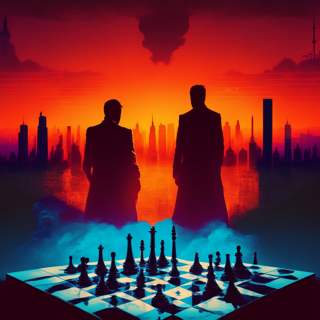 Sunset-lit political chessboard, contrasting figures discussing CBDCs, dollar and digital currency symbols, looming shadows of surveillance, intense color scheme denoting conflict and anxiety, futuristic skyline backdrop, smoky air of uncertainty, mood of intense debate.
