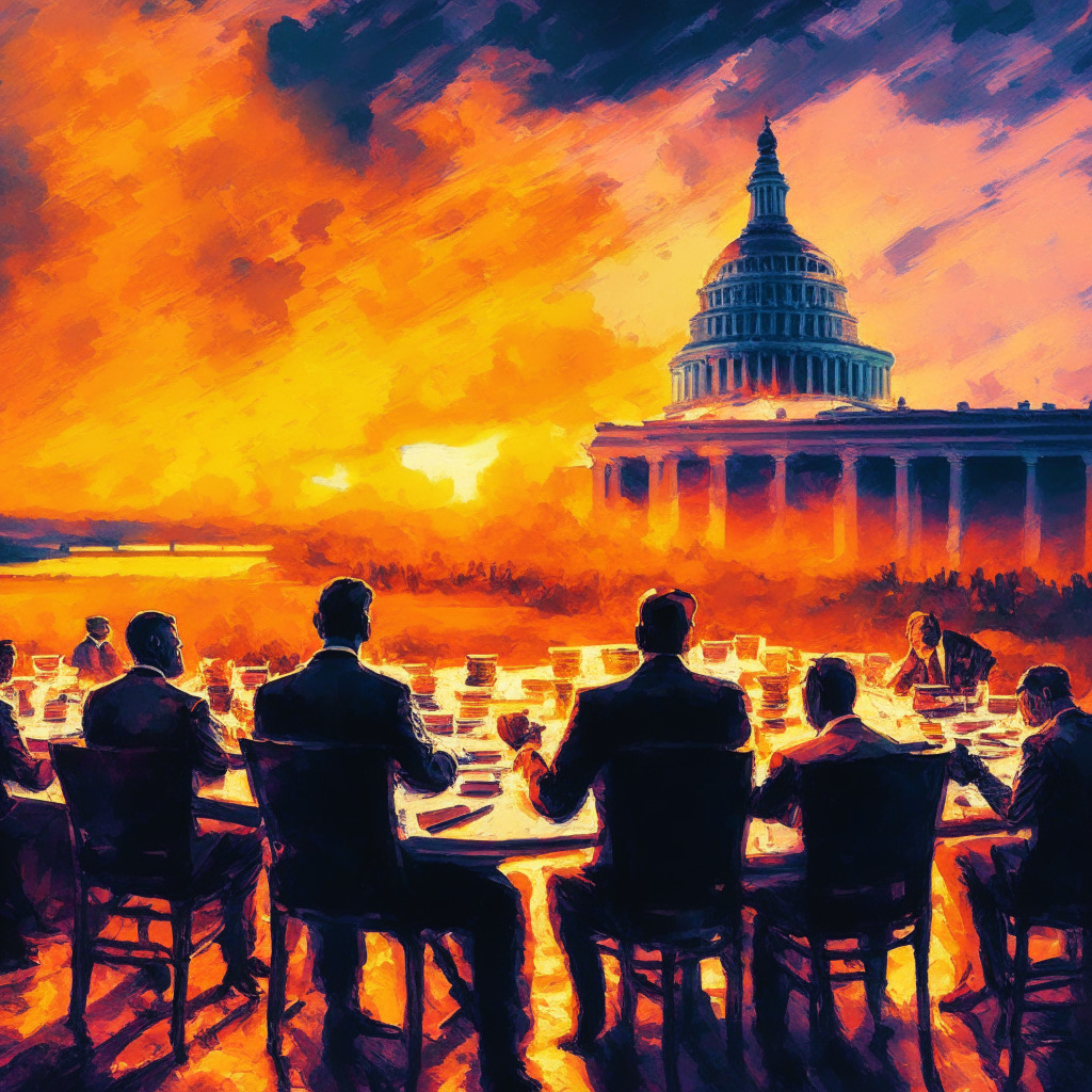 Cryptocurrency debate, Democrats & Republicans at table, US Capitol in background, sunset glow, painted in impressionist style, urgency & collaboration atmosphere, uncertain mood, subtle hints of hope in background colors, legislation documents on table, focused expressions on lawmakers.