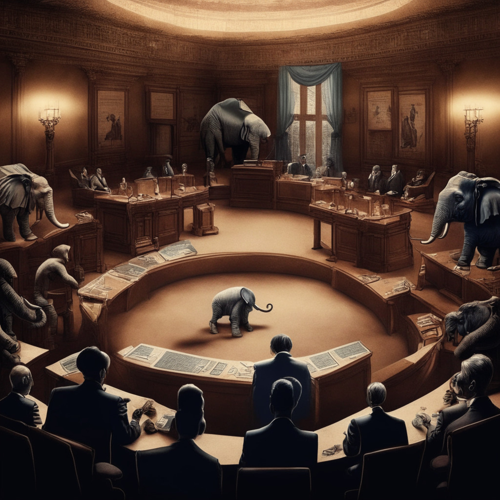 Cryptocurrency debate scene, representatives from both parties discussing stablecoin bill, congressional hall setting, democratic elephant & republican donkey subtly included, contrasting warm & cool lighting, emphasis on dialogue & disagreement, tense atmosphere, uncertain future of regulations.