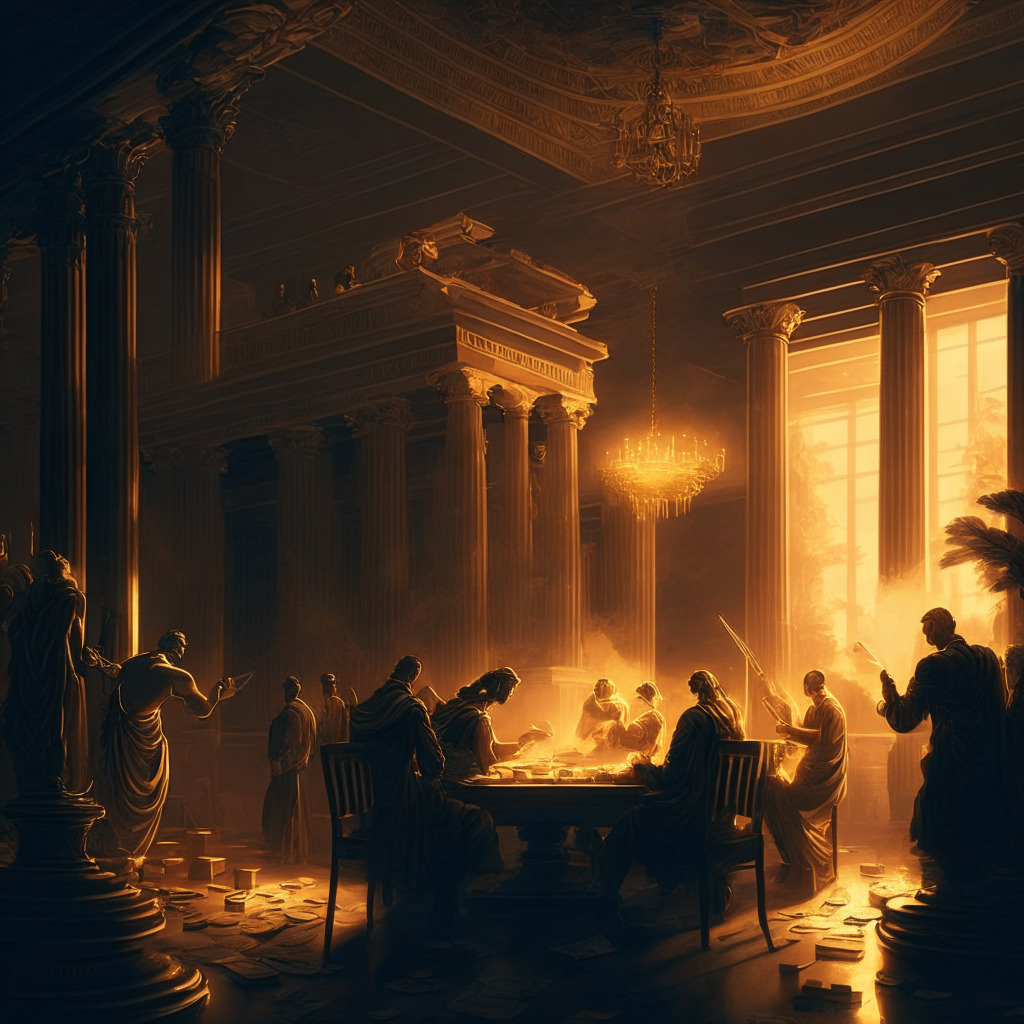 Intricate cryptocurrency exchange scene, neoclassical style, dusk lighting, somber mood, golden undertones. Depict suspended operation, conflict between regulations and innovation. Emphasize financial authority, governance challenges, and ever-evolving crypto landscape in the composition.