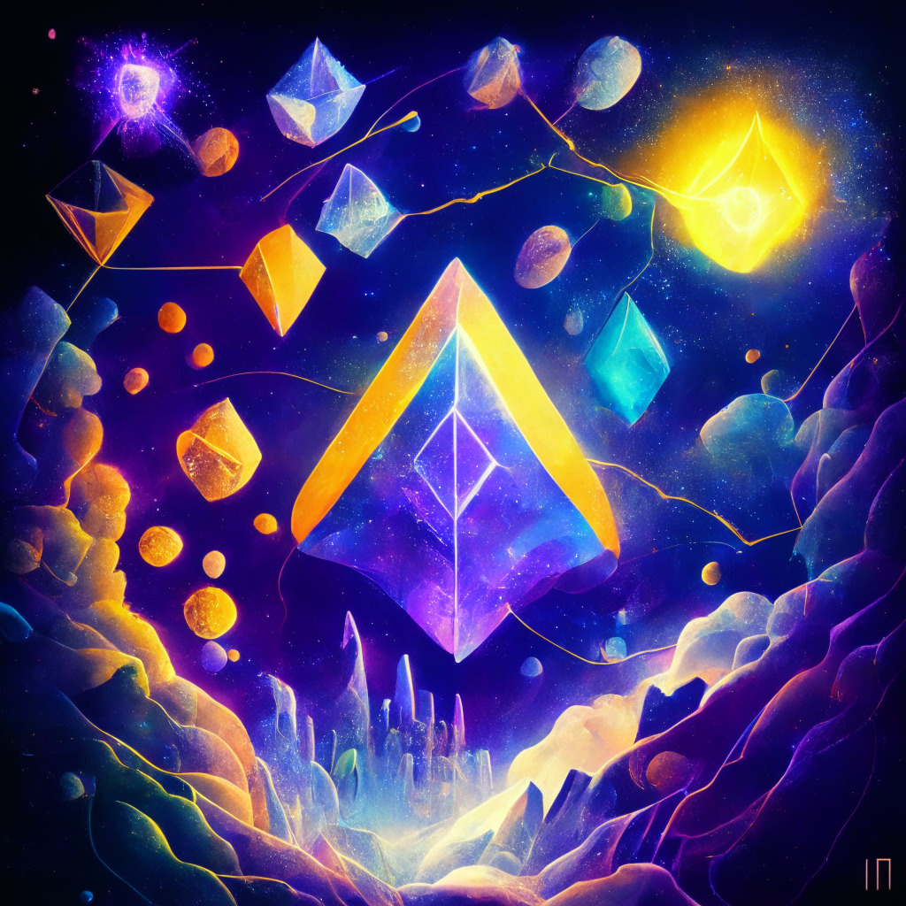 An Ethereum layer-2 mainnet launching, Mantle shining overhead, vivid colors of a connected ecosystem, unified under a single brand, strong links to industry giants, a massive treasury glowing with value, and tokens converting effortlessly. A harmonious shift, innovation and optimization blend seamlessly, fostering trust and anticipation. 🌌🔗💫🔄🎨