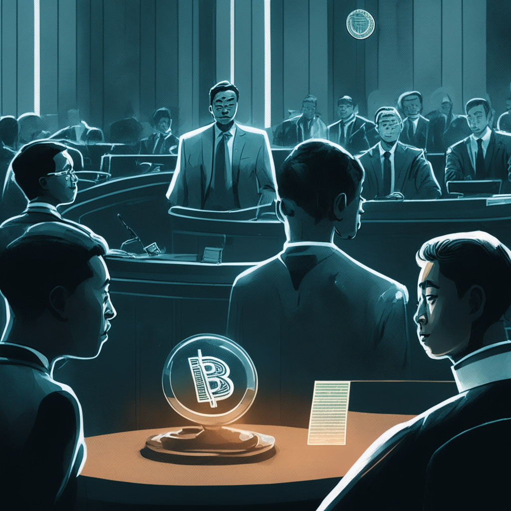 A courtroom scene in Singapore, with a digital backdrop showcasing a cryptocurrency dispute, chiaroscuro lighting emphasizing tension, diverse characters symbolizing BitMEX co-founder Arthur Hayes, Su Zhu of Three Arrows Capital & a judge, rendering of tweet bubbles floating above characters, overall mood: sober & thought-provoking.