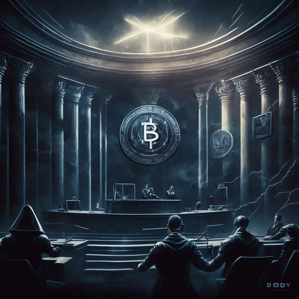 Intricate legal battle, crypto co-founders' clash, restraining order, $6M debt controversy, futuristic courtroom, somber mood, chiaroscuro lighting, contrasting personalities, turbulent gray sky, digital currency symbols, ethical standards reminder, accountability, trust & stability theme, precedent-setting outcome.