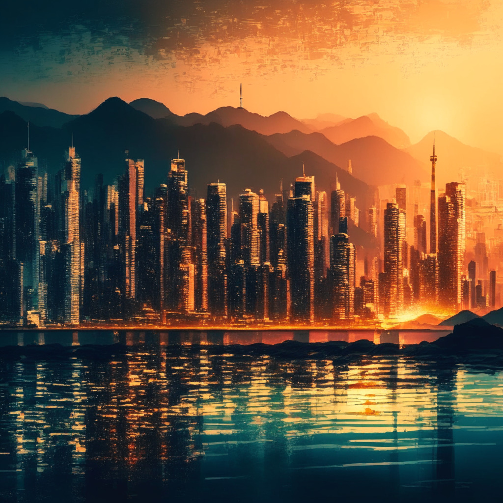 Crypto exchange embracing regulations, Hong Kong skyline, traditional vs modern contrast, golden-hour lighting, impressionist style, mobile app interface, 11 trading pairs, secured transactions, evolving landscape, cautious optimism, compliance vs security dilemma.