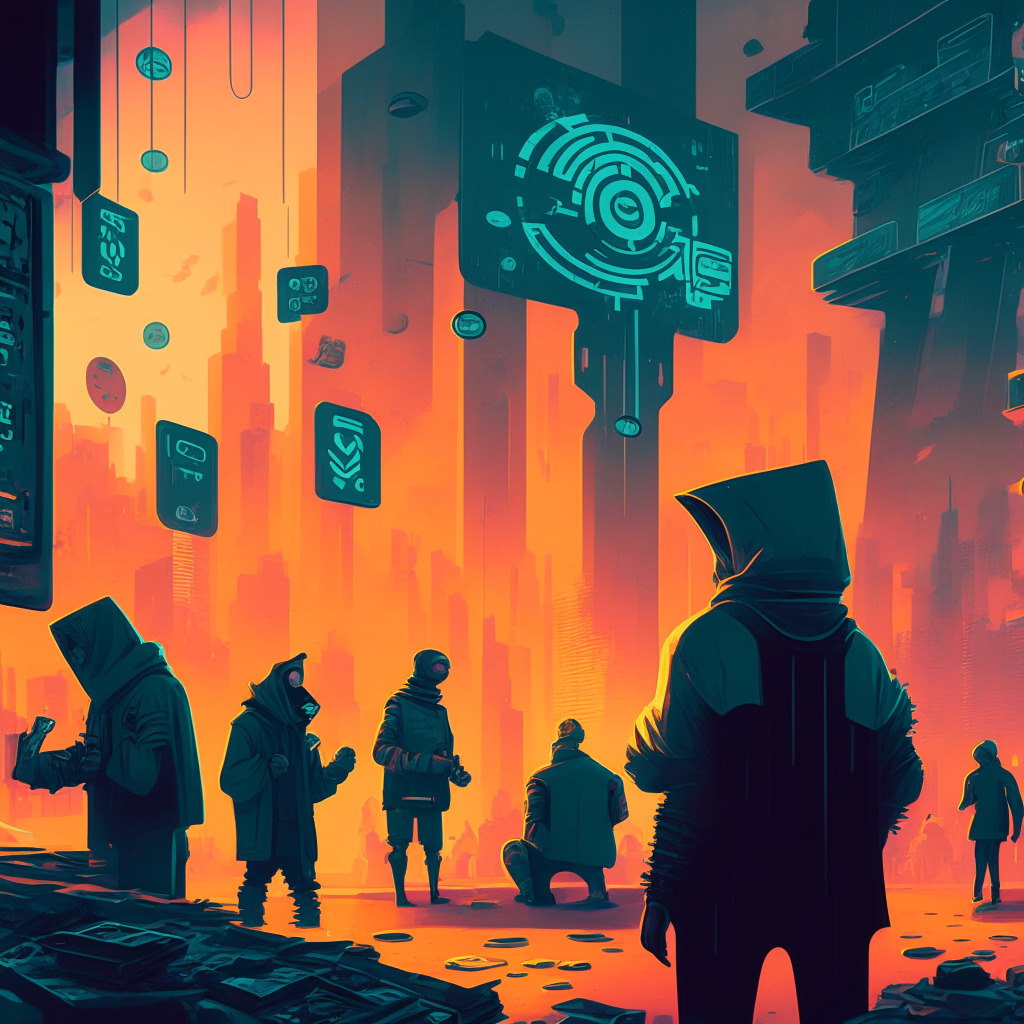 Crypto art infused scene, Beeple's digital art style, Bitboy and Bored Ape characters engaged in debate, cool muted tones, BEN tokens scattered, futuristic cityscape with crypto symbols, skeptical expressions, moody lighting creating a sense of uncertainty, caution signs subtly integrated.