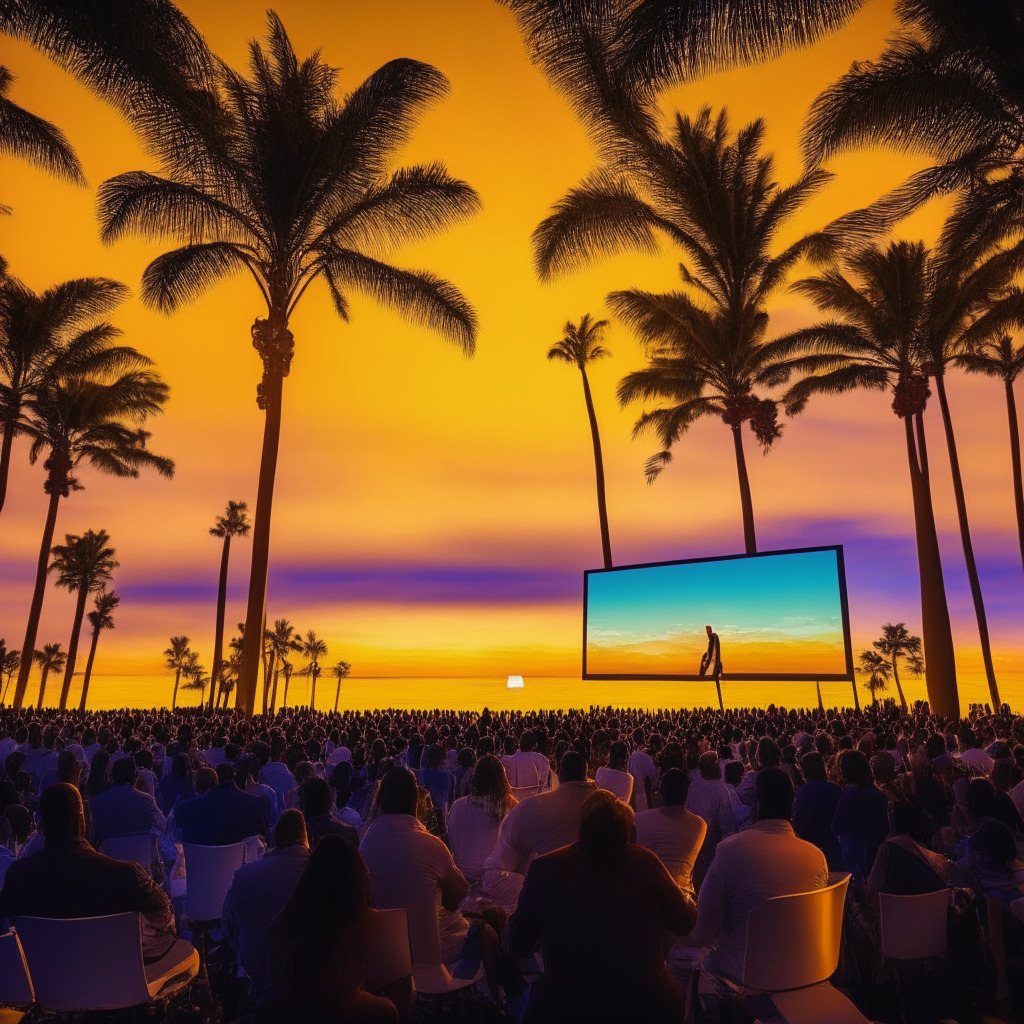 Sunset-lit Miami Beach conference, subdued color palette, 15,000 attendees, mix of eager learners and crypto veterans, NFL quarterback Aaron Rodgers and tennis legend Serena Williams on stage, half-filled press room, relaxed atmosphere, apprehensive mood, hint of Van Gogh art style, focus on learning and networking over hype.