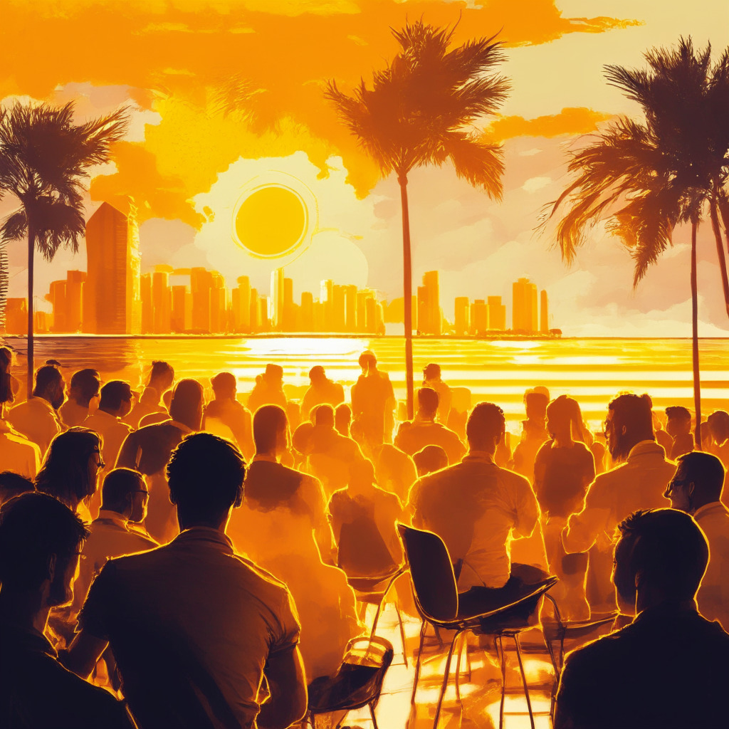 Miami conference scene, diverse crowd discussing Bitcoin, mix of purists, minimalists, moderates, maximalists, varying crypto philosophies, sunset with radiant orange-yellow hues, painterly brushstroke style, contrasting light and shadows, mood of excited debate and exploration, symbolic Bitcoin adoption across various locations.