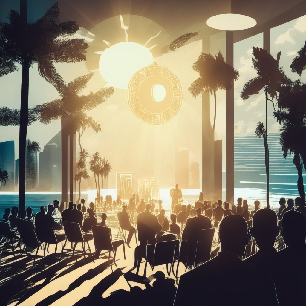 Cryptocurrency panel scene, Miami event backdrop, diverse speakers, mix of sunlight and shadows, artistic depth, futuristic tech feel, dark mood with hopeful elements, regulatory challenges illustrated, collaboration and education emphasized, subtle American values symbolism, ambiguity reflecting uncertain future.
