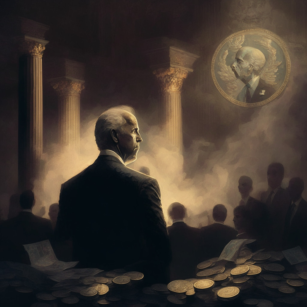 Recessed, chiaroscuro lighting, crypto coins & cash floating in air, stern-faced Joe Biden delivering speech, smoky atmosphere, distant traders eyeing market charts, muted cool & warm tones, elements of both hope & skepticism blended into the scene, intricate baroque texture, subtle uncertainty in the mood.