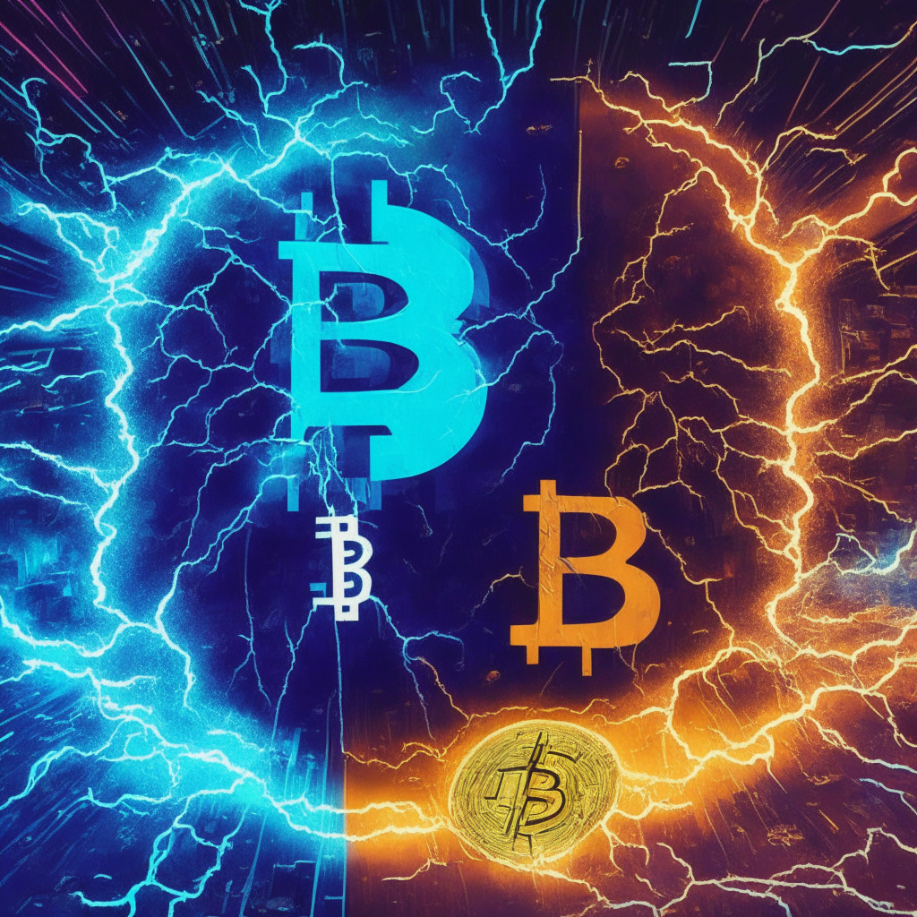 A futuristic financial battleground, Bitcoin Cash's hard fork with CashTokens, smart contract features vs BRC20 tokens on Bitcoin network, artistic contrast of decentralized applications, a vivid kaleidoscope of digital artwork, meme tokens, moody ambiance reflecting market uncertainty, transaction speed lightning, crypto enthusiasts observing, embracing evolving crypto ecosystem.