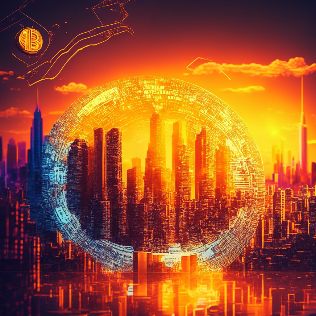 Sunset-lit city skyline with vibrant colors, Bitcoin coin hovering above, digitally connected global map, gold accents, optimism & uncertainty coexisting, hints of economic turmoil, technology revolutionizing finance, potential for bullish reversal.