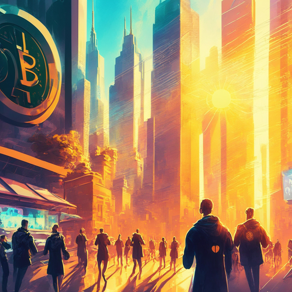 Sunlit futuristic cityscape, busy streets, diverse people trading various tokens, oversized holographic Bitcoin symbol, financial district background, NFT art on digital displays, 65-byte symbol, urban innovation vibe, warm color palette, dynamic atmosphere, hopeful mood, impressionist style, smooth lighting highlighting positive development, crypto optimism.