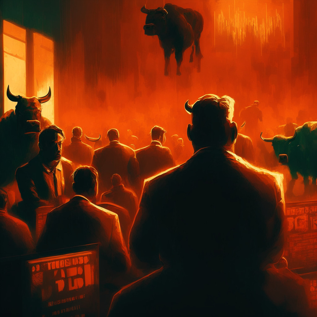 Cryptocurrency market turmoil, dim lit room with focused investors, impressionist style, warm vs cool color contrast, tense atmosphere, Bitcoin at a critical support level, various cryptos on screens, shadows of bulls and bears in the background, emotional expressions reflecting dilemma.