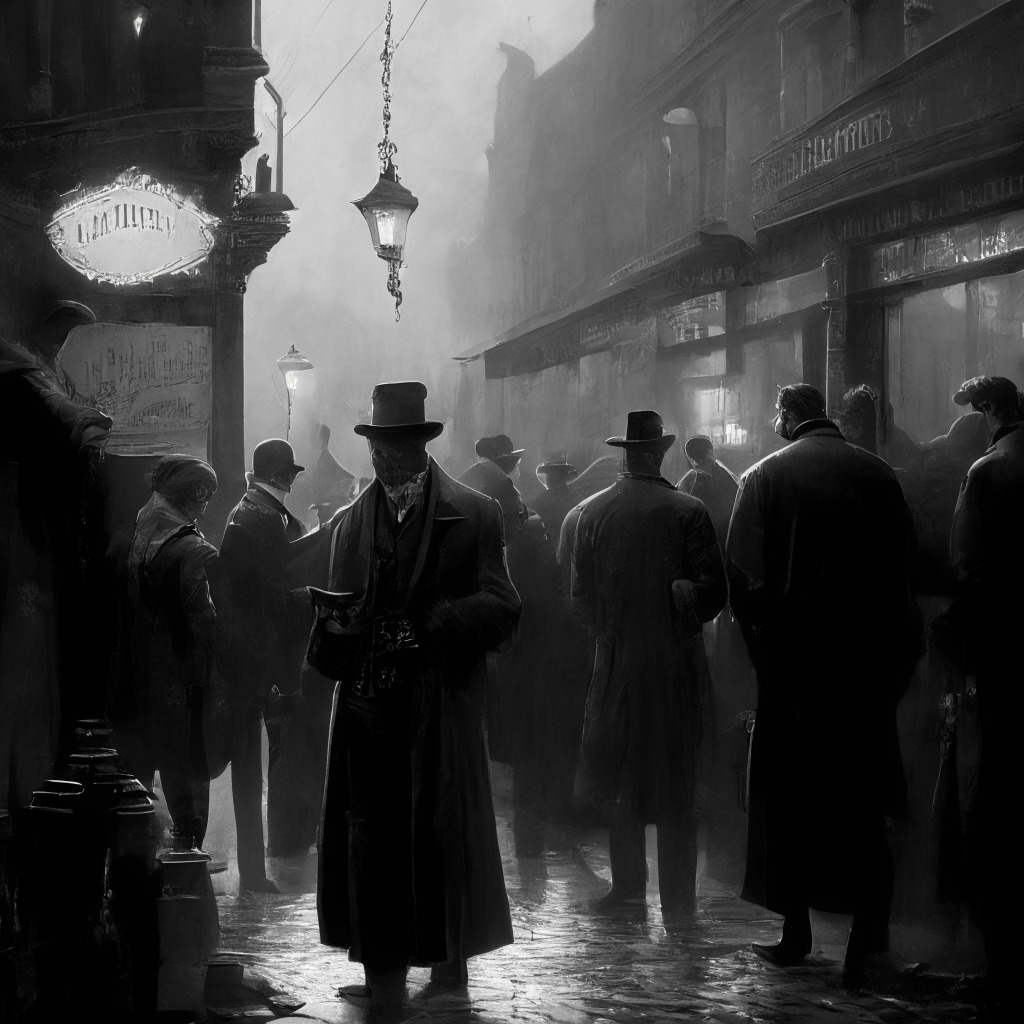 Intricate, gloomy Victorian-style market scene, dimly lit street with financial instruments as people, Bitcoin symbol as a classic gentleman with fading pocket watch chain below $27k, economic turmoil looming, grayscale chiaroscuro, tension palpable, hint of hope from legislative documents.