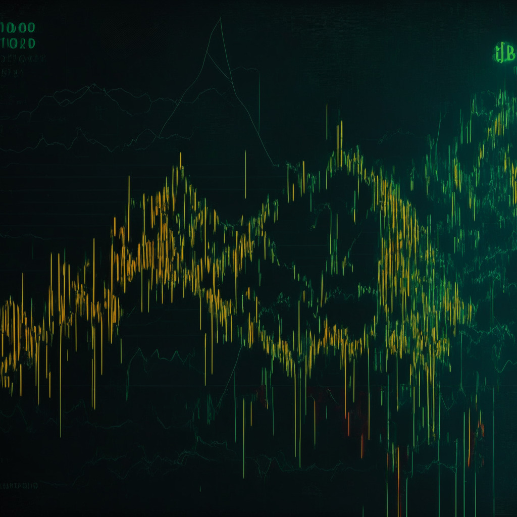 Cryptocurrency market shift, Bitcoin downtrend, intricate Monet-inspired style, somber atmosphere, fading evening light, chart displaying Bitcoin's value decline, low liquidity concept, major exchanges visual, bearish reversal pattern, key support levels, blend of technical analysis & abstract art, cautious tone, emphasis on staying informed on market.
