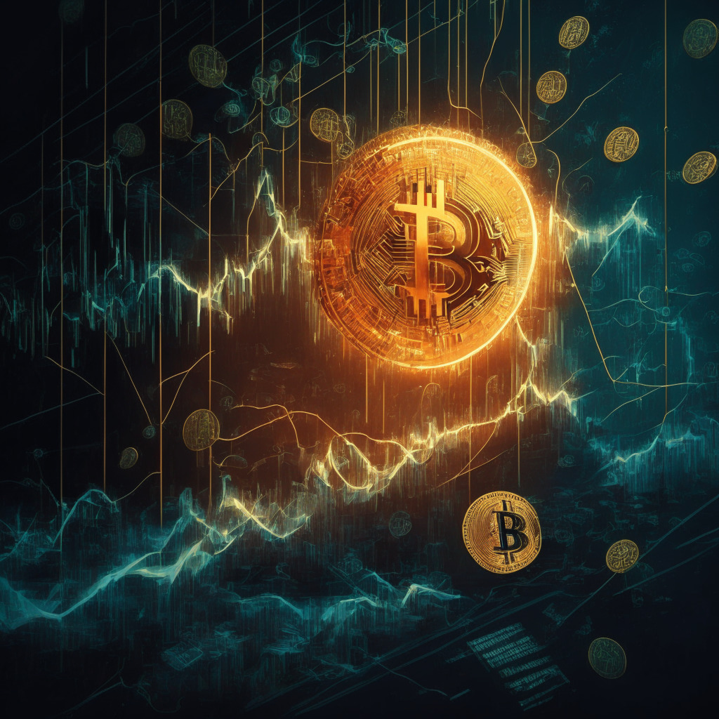 Cryptocurrency turmoil, congestion & high fees, uneasy market sentiment, artistic representation of Bitcoin resilience, contrasting light setting, a blend of skepticism & optimism, chaotic network background, an emerging uptick in price graph, dramatic & impactful visual style, dynamic mood.