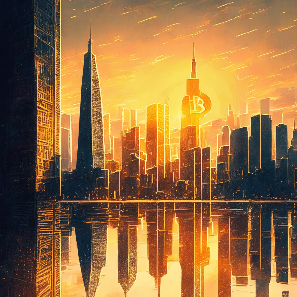 Intricate cityscape reflecting Bitcoin boom, towering ETF buildings, warm sunset lighting, impressionist style, confident institutional investors, optimism filling the air, subtle debt ceiling resolution, dynamic exchange of crypto, Bitcoin mining in the background, no logos.