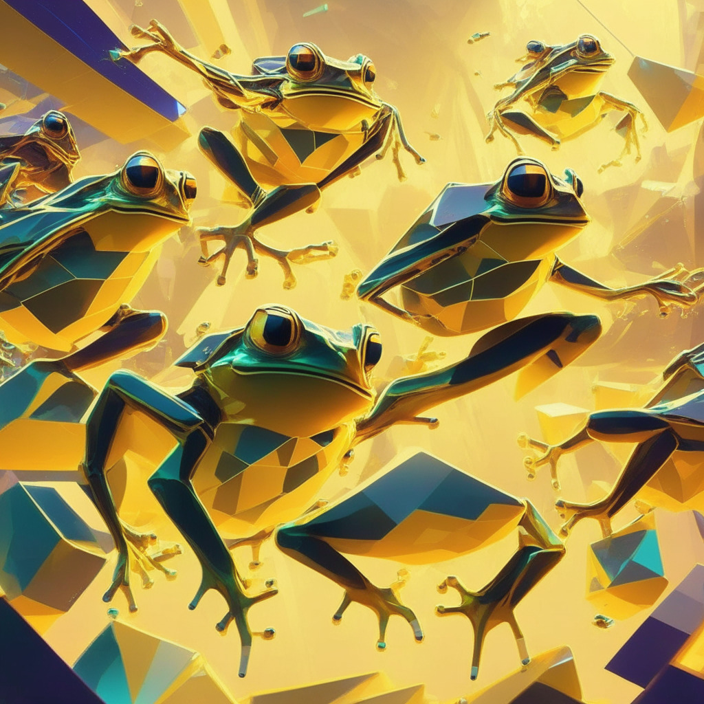 Futuristic, whimsical frogs leaping in cyberspace, diverse digital collectibles, golden hue, soft chiaroscuro lighting, blend of cubism and pixel art, air of excitement and innovation, debate and discourse in the background, dynamic and vibrant atmosphere, sense of digital revolution.