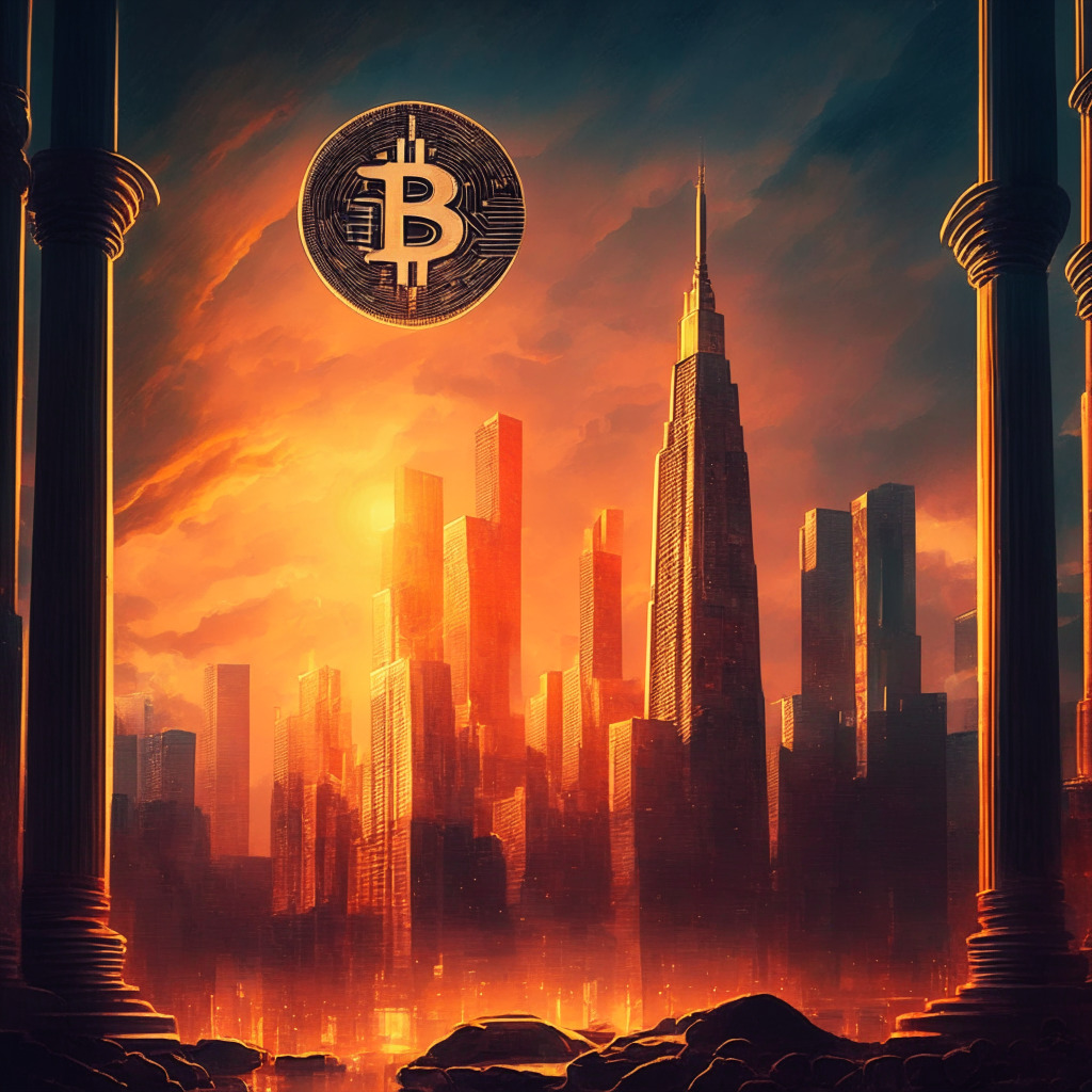 Futuristic cityscape at twilight, a massive Bitcoin symbol hovering above, central banks in shadow, contrast of warm and cool colors, renaissance painting style, dramatic chiaroscuro lighting, blending modern and classical elements, air of mystery, tension between cryptocurrency and traditional finance.