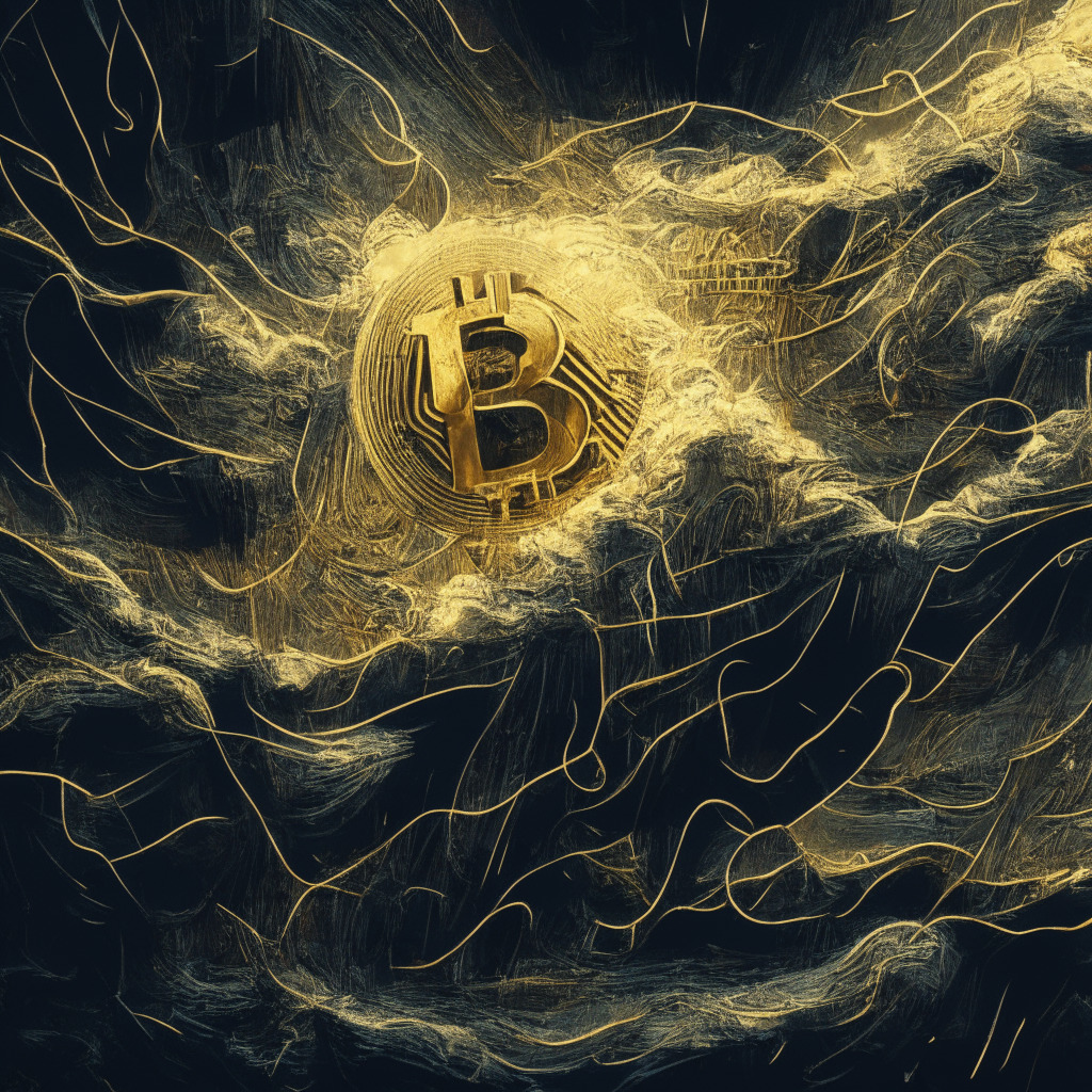 Intricate blockchain background, swirling US debt storm, contrasting light and dark, tension-filled scene, abstract representation of yen, Swiss franc and gold, cryptocurrency winning prominence, prevailing emotions of fear, curiosity and excitement, impressionistic style reflecting on economic upheaval.