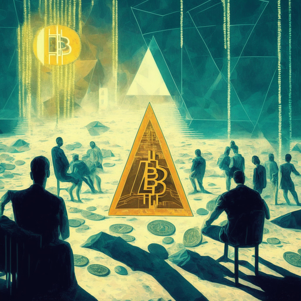 Cryptocurrency uncertainty scene, symmetrical triangle, range between $26.5K-$27.5K, Miami beach conference backdrop, fewer attendees, eco-friendly mining rigs, Michael Saylor exploring Bitcoin Ordinals, Coin Cafe punitive actions, softer light, moody atmosphere, impressionist style, digital market fluctuations.