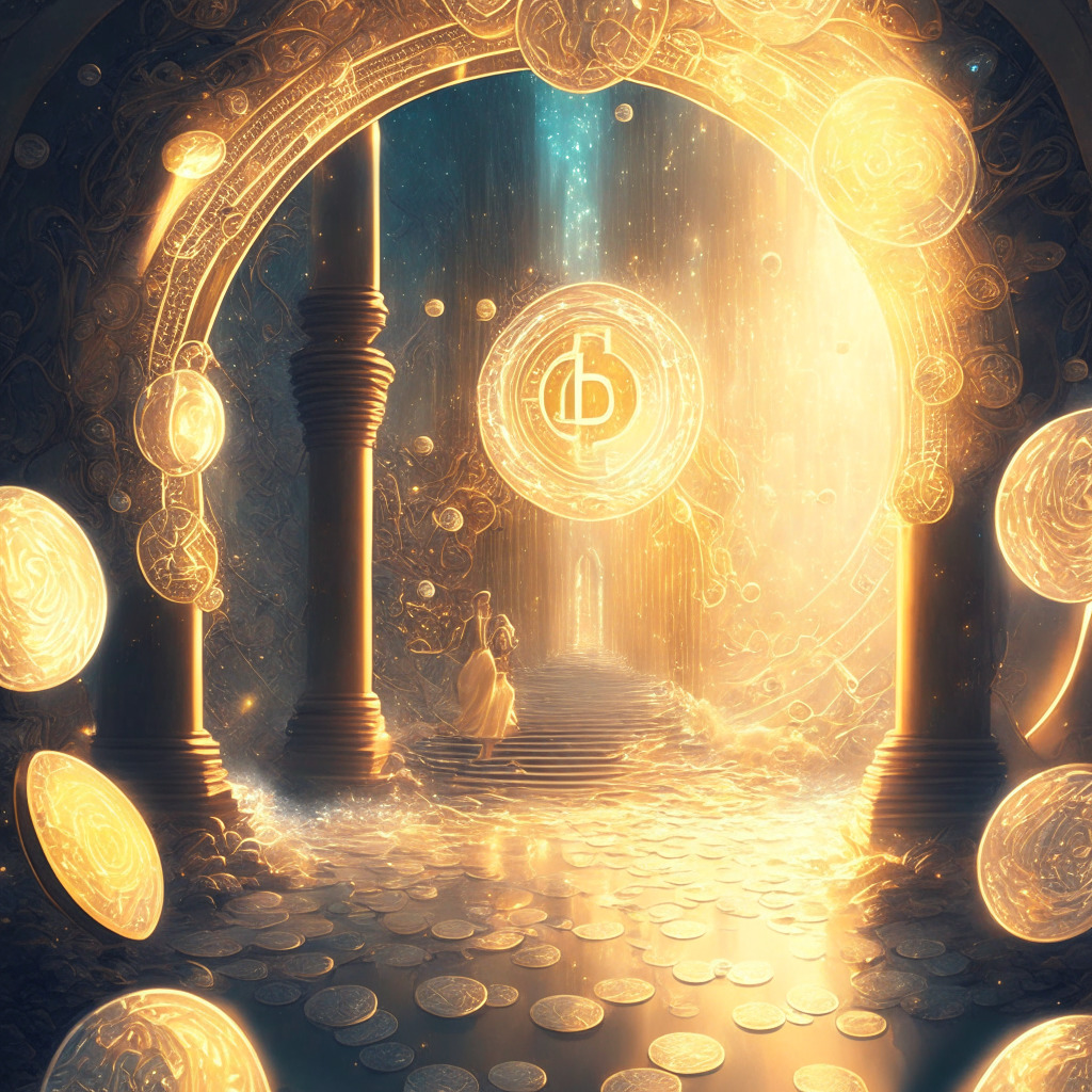 Ethereal Cryptocurrency Realm, 1 Million Wholecoiners Celebrate, Hyperbitcoinization vs Bubble Debate, Radiant Light Illuminating the Path, Surrealistic Art Style, Contrasting Warm & Cool Tones, Intricate Gold & Silver Coin Details, Optimistic Yet Cautious Atmosphere.
